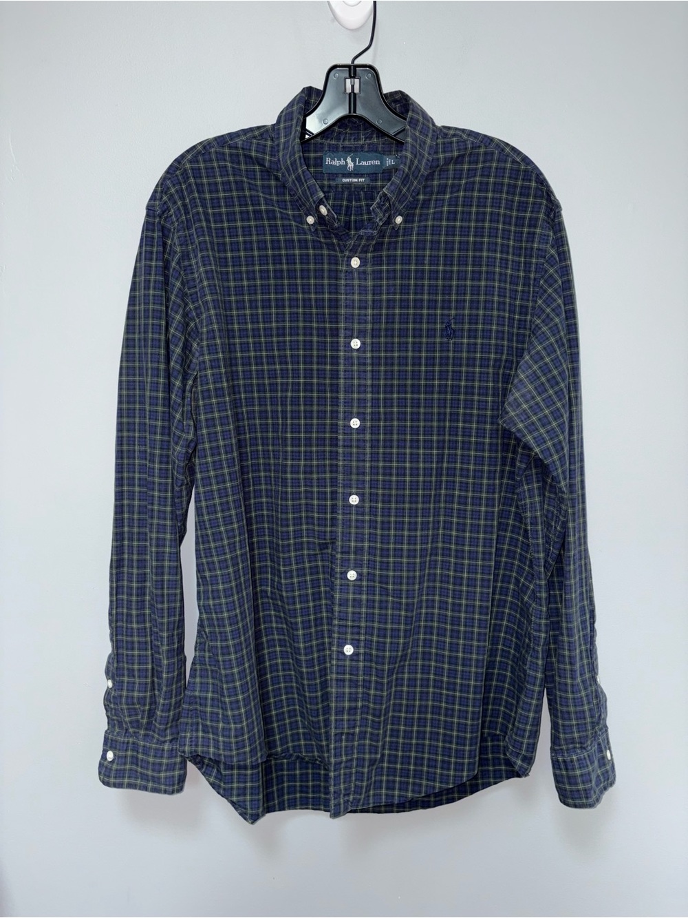 Ralph Lauren Men’s Preppy Navy and Green Plaid Classic Button-Down Shirt‎ Size L
